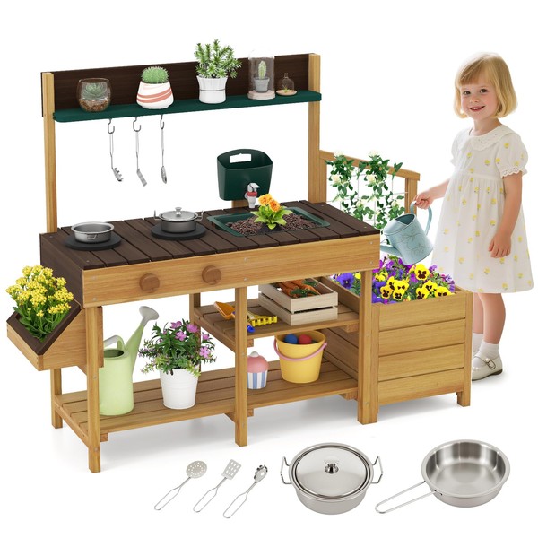 Costzon Play Kitchen for Kids, Wooden Toy Playset w/Removable Faucet,