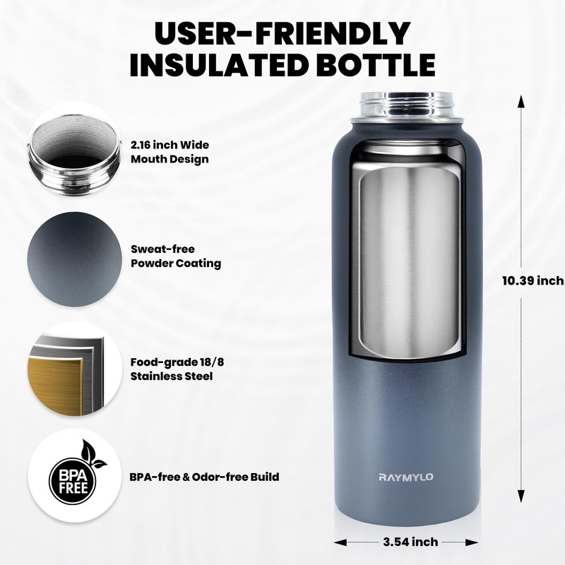 RAYMYLO Insulated Water Bottle 40 oz, Triple Wall Vacuum Stainless