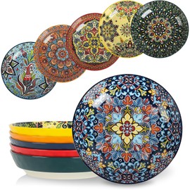 KitchenTour Pasta Bowls Set of 6-30 oz Large Wide & Shallow Serving Bowl, Colorful Ceramic Salad Bowls for Everyday Dining - 8.2 Inch, Microwave and Dishwasher Safe, Bohemian Style