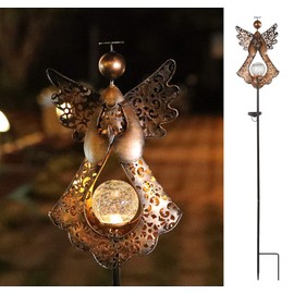 Starryfill Solar Garden Stake Lights Outdoor Bronze Angel Crackle Glass Globe Stake Metal Lights Waterproof Warm White LED for Garden Lawn Patio or Courtyard