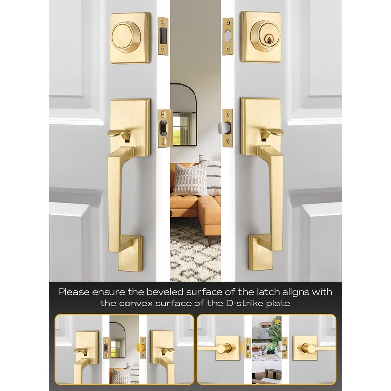 EHOMEWARE Double Front Door Handle Set, 1 Pack Satin Brass
