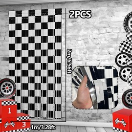 Race Car Foil Fringe Curtains Backdrop Birthday Party Decorations, 2 Pack 3.28 x 6.56 Ft Black White Foil Fringe Curtain Photo Booth Props Cars Lightning Fast Wheels One Happy Dude Party Decorations