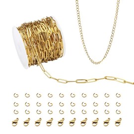 16.4 Feet (4mmX12mm) 18K Gold Plated Stainless Steel Chains Flat Paperclip Link Chains Necklace Bulk Chains with Jump Rings Lobster Clasps Extender Chain for DIY Jewelry Making