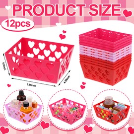 Menkxi 12 Pcs Valentine's Day Pink and Red Baskets, 5.5 x 4 x 2.5 Small Heart Hollowed Plastic Baskets Bulk Empty Love Gift Container Storage Bins for Home Party Favor Valentine's Day