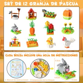 WADAYEY Juegos de Construcción para Pascua, 12 Piezas de Bloques Creativos con Conejo, Zanahoria y Decoración Festiva | Juguetes para Canastas de Pascua, Favoritos de Fiesta y Actividades para Niños