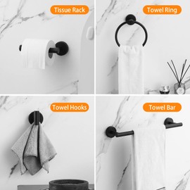 Hinmood Bathroom Hardware Set Black 10 Pieces, Towel Bar Set Matte Black Stainless Steel Towel Rack Set Includes 2PCS 16'' Towel bar, 4PCS Towel Hooks, 2PCS Toilet Paper Holder and 2PCS Towel Ring