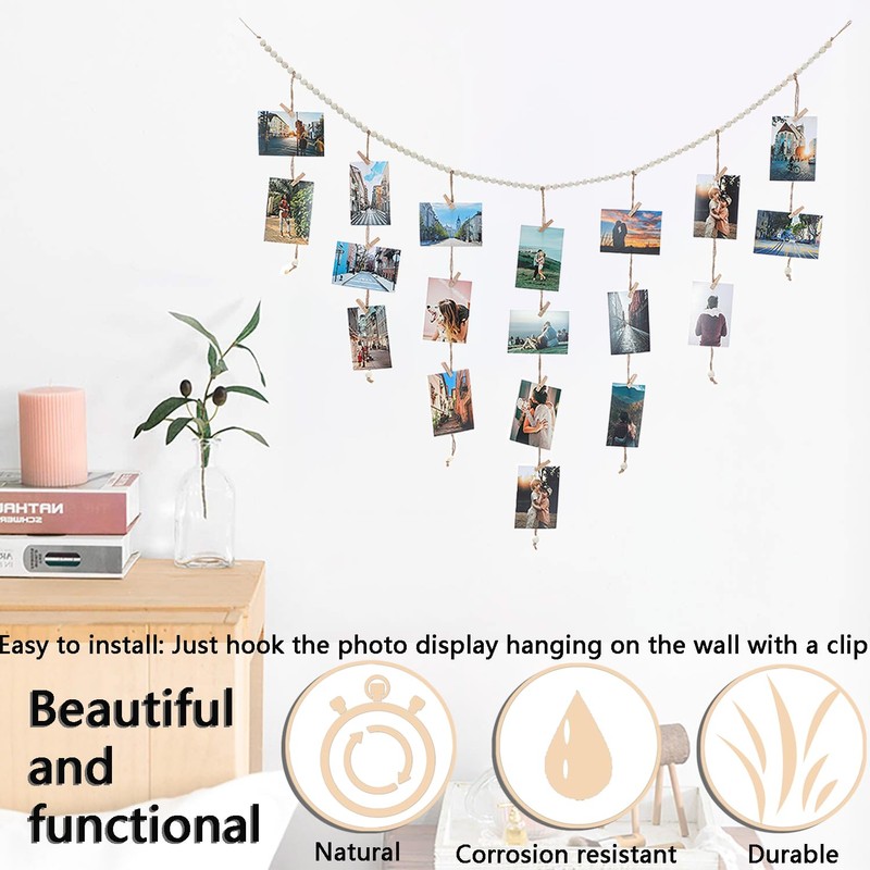 Boho Style Hanging Photo Display with 30 Clips for Bedroom,