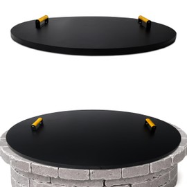Simond Store Fire Pit Cover Round 38" - Rust Resistant 1.5mm Powder Coated Carbon Steel Firepit Snuffer Lid with 2 Ergonomic Wooden Handles - Compatible for Fire Pit Inside Dia Up to 36"