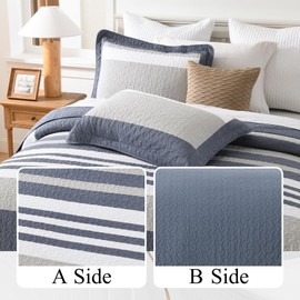 DUOHONG 120"x102" Oversized Bedspread - 100% Cotton, Striped Pattern Oversized Queen Extra Wide Extra Large Quilt, XL Bed Spread Lightweight Comforter, 3pcs, Grayish-Blue/Gray/White