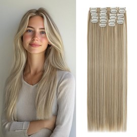 Benehair 22" Clip in Hair Extensions 12 Pcs Long Straight Hair Extensions Clip in Synthetic Fiber Natural Extension Light Brown mix Ash Blonde Hair Piece for Women(Light Brown mix Ash Blonde, 180g)