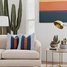 Vfuty Set of 2 Boho Decorative Throw Pillow Covers 18x18 Inch Farmhouse Stripe Pillow Case,Faux Leather Modern Cushion Cover for Living Room Couch Bed Natural Decor Navy Blue and Brown