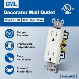 CML 15 Amp Decorator Wall Recetpacle Outlet, 50 Pack Tamper Resistant (TR) Decor Standard Electrical Outlets, 15A/125V, 2 Pole 3 Wire, UL Listed, White