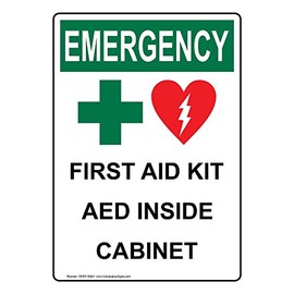 ComplianceSigns.com Vertical Emergency First Aid Kit AED Inside Cabinet OSHA Safety Label Decal, 5x3.5 in. Vinyl 4-Pack