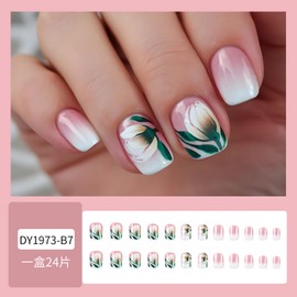 Flower Press on Nails Short Square Fake Nails Spring Summer False Nails Full Cover Pink White Gradient Acrylic Nails Glossy Reusable Stick on Nails Gel Glue on Nails for Women DIY Manicure24pcs