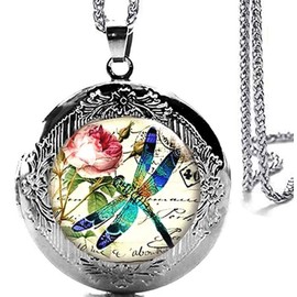DianaL Boutique Silver Tone Beautiful Dragonfly Locket Pendant Necklace 24" Stainless Steel Chain