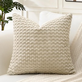 Artscope Pom Poms Decorative Corduroy Cushion Cover 45x45cm Super Soft Boho Striped Square Pillow Covers Case Geometric for Sofa Couch Bedroom Car Decor Set of 1, Beige