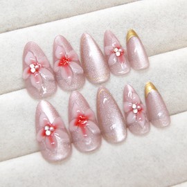 Spring Press on Almond Nails Medium Glossy Full Cover Almond French False Nails with Floral Designs Artificial Almond Shaped Fake Nails with Charms Glue Stick ons Fingernails for Women Girls(Z976)