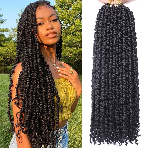 Leeven 8 Packs Pre-twisted Passion Twist Crochet Hair with Curly Ends 18 Inch Pre looped Black Passion Twists Hair 12 Roots/Pack Synthetic Bohemian Crochet Braids Hair for Black Women 1B#