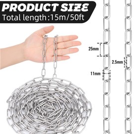 50ft 1/10" Jack Chain for Hanging Stainless Steel Metal Chain Link Silver Galvanized Light Chain Roll Small Light Duty Fixture Utility Chain for Bird Feeders, Overhead Lights, Flowerpots (2.5mm*15m)