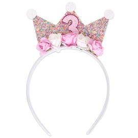3rd Birthday Girl Crown Headband,Pink Crown Headbands,3rd Birthday Decorations Flower Crown Headbands Glitter Hair Band,3 Years Old Girl Hair Accessories for Birthday Party Supplies