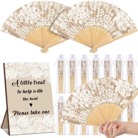 Leinuosen 51 Pcs Wedding Favors for Guests Bulk 25 Wedding Foldable Hand Fans Vintage Lace Handheld Paper Fans with 25 Organza Bags and a Table Sign Decor for Bridal Shower Favor Appreciation