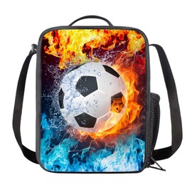chaqlin Fire Football Lunch Box for Kids Boys School Lunchbag Insulated Lunch Food Container Teens Adult Work Bags Travel Picnic Lunch Tote Bags with Bottle Pocket Sport Soccer School Lunchbox