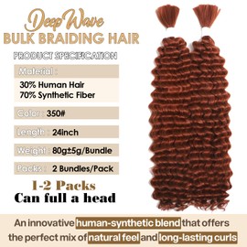 Human Braiding Hair Mixed Synthetic Ginger Braiding Hair for Boho Braids 2Bundles 160g Color 350 Deep Wave Bulk Human Hair for Braiding No Weft Hair Extensions Braids Braiding Hair 24inch（350#）