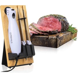 SERRATED CARVING ELECTRIC KNIFE SET By Chef PRO, With Wooden Storage Block, 2 Interchangeable Stainless-Steel Blades, Precise Cutting and Carving of Meats, Fruits, Breads, Comfortable Design, White