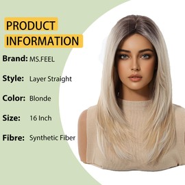 MS.FEEL Blonde Wigs For Women Medium Length Layered Straight Wig Middle Part Glueless Synthetic Wigs for Daily Party Use 16 Inch