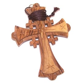 Holy Land Market Large Grade A olive wood Jerusalem Cross necklace (4 inches - Cord can be adjusted)