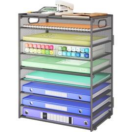 SUBEKYU 9 Tier Paper Organizer for Desk - Gray Metal Mesh Letter Tray File Paper Sorter Organizer Include 6 Pcs Adjustable Height Slid Tray with Handles for Office School Home Organization Storage