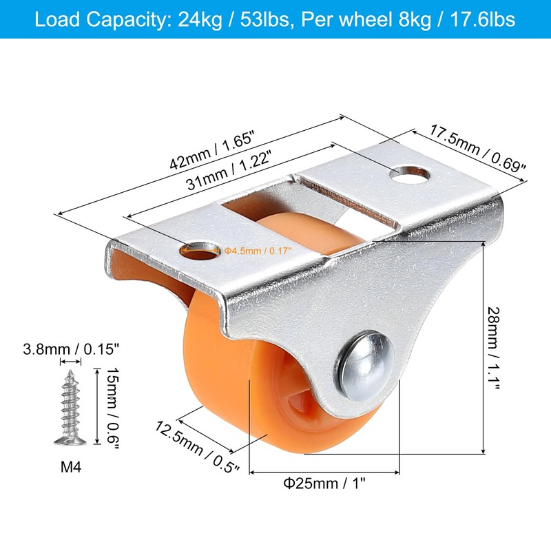 PATIKIL 1" Mini Fixed Plate Caster Wheels, 4 Pack Low