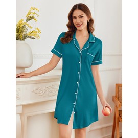 Ekouaer Nightdress Women's Short Sleeve Button Down Collar Super Soft and Lightweight Comfortable Night Dress V-Neck Boyfriend Style Turn-Down Collar Sleepwear S-XXL, 6-Turquoise