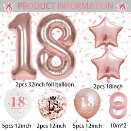 Happy 18th Birthday Balloons for Girls Rosegold, 18 Pieces 18th Birthday Decorations for Her, Rose Gold 18th Party Balloons for Sweet 18 Years Old Birthday Party Decor Celebration Supplies