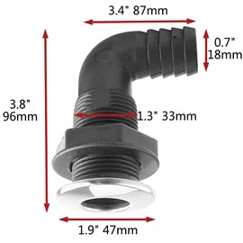 JT-HLM 90 Degree 1-1/2'' Nylon Thru Hull Connector,Black Deck Drain with Stainless Steel Trim Cover, Hose Pipe Elbow Bilge Pump Drain Thru Hull Fitting