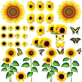 53 Pieces Sunflower Wall Decals Butterfly Wall Stickers, Waterproof Sunflower Decals, Sunflower Wall Decor, Yellow Flower Mural Stickers, Sunflower Wall Stickers for Bathroom Room (Elegant Style)