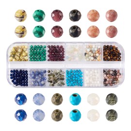 Crafans 480Pcs Faceted Natural Gemstone Beads Round 3MM Rhodonite & Tiger Eye & Blue Spot Jasper & Turquoise Loose Spacer Beads for DIY Bracelet Jewelry Making