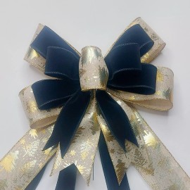 Handmade Metallic Gold Christmas Trees on Beige with Black Velvet Christmas Bow