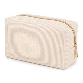 Corduroy Makeup Bag with Gold Metal Zipper & Textured Ribbed Exterior - Cosmetic Pouch for Women Travel Skincare Organisation Essentials, Compact Box Design (Beige)
