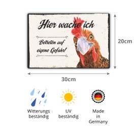 Hier wache ich - Vorsicht Huhn Vintage Sign, 20 x 30 cm, Made From Sturdy Hard Foam Board, 3 mm Thick, With UV Protection and Weather-Resistant