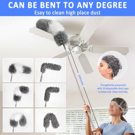 HLWDFLZ Microfiber Duster Kit 23pcs with 30 to 100 Inches Extension Pole and Extendable Window Squeegee, Washable and Bendable Feather Duster for Cleaning Ceiling Fans, High Ceilings, Cobwebs, Blinds