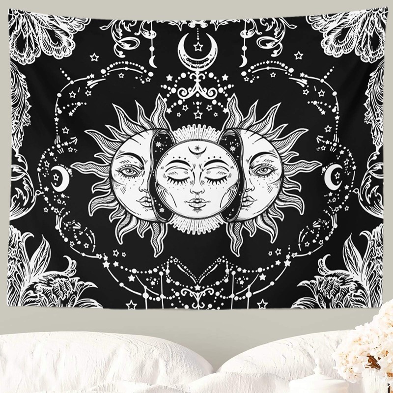 Ftuency Sun and Moon Tapestry Black and White Tapestries Mystic