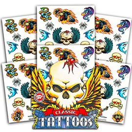 American Traditional Temporary Tattoos Set Kids Adults - 50 Bold Classic Tattoos (Party Supplies)