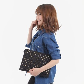 [Rasical] ラシカル エキドナ ハリークラッチ スタッズ バッグ ラインストーン キャンバス クラッチバッグ メンズ レディース トゲトゲ (Lサイズ, ブラック(表地)×レッド(裏地)×ミックス(スタッズ) Lサイズ)