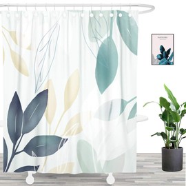 UNIFEEL Mordern Art Blue Watercolor Leaves Fabric Shower Curtain, Blue and Green Plants Décor Bathroom Decoration Curtain. 71" x 71", Light Green Background