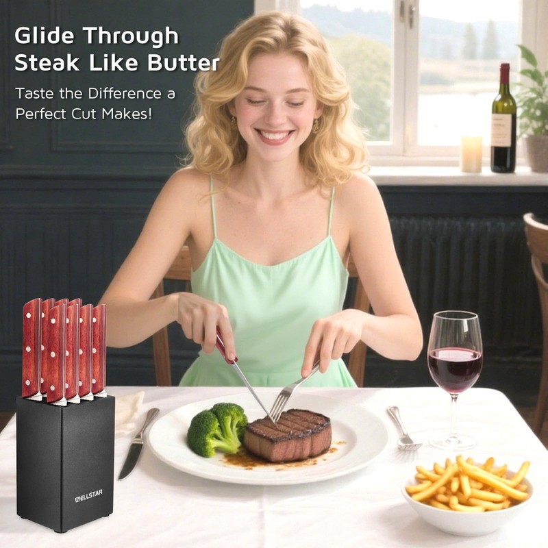 WELLSTAR 8-Piece Steak Knife Set with Wood Block – 4.75"