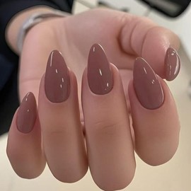 Press on Nails Acrylic Short Almond Fake Nails Light Brown False Nails Press on Solid Color Glossy False Nails Reusable Full Cover Artificial Nails DIY Manicure for Women Girls 24Pcs