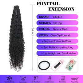 Claw Clip Ponytail Extension for Women Curly Ponytail Extension for Black Women 24 Inch Long Ponytails Clip in on Ponytail Hair Extensions 1B Natural Black Pony Tails Hair Extensions Easy to Wear