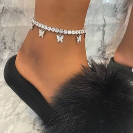 Wendalern Silver Rhinestone Butterfly Cuban Link Ankle Bracelet for Women Girls Dainty Cute Beach Jewelry Anklet, Adjustable Size