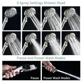 WHZeffect Handheld Shower Heads with ON OFF Switch,Extra Long 79-inch Hose 8 Spray Settings High Pressure Detachable Showerhead,Built-in Power Sprayer to Clean Pets, Adjustable Angle Bracket,Silver